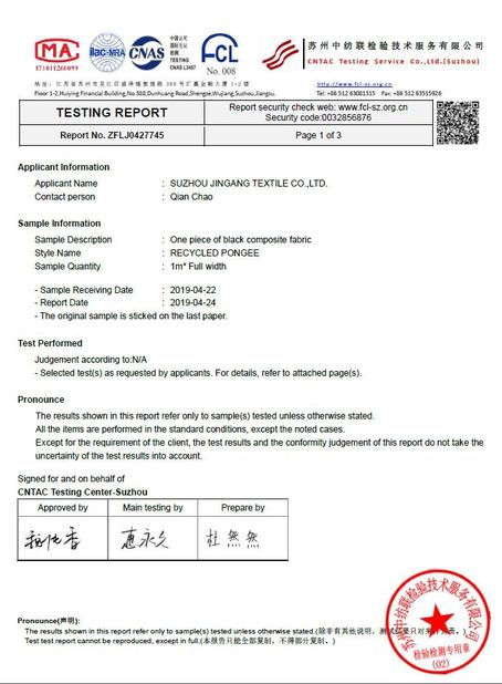 Chiny Suzhou Jingang Textile Co.,Ltd Certyfikaty